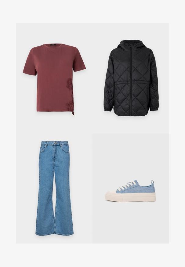 Fekete steppelt pufi dzseki kapucnival, elöl cipzárral és elasztikus mandzsettával. Az külső szövetét vonal menti gyémántmintázat díszíti.; Burgundi T-shirt, puha anyagból készült, rövid ujjal és finom csipke díszítéssel az oldalán, az alján pedig megkötött részlet található.; Világoskék, trapézszárú farmernadrág, magas derékkal, öt zsebbel és egy gombos záródással. Puha tapintású, magasított effektusú anyag.; Világoskék vászon sportcipők, krémszínű gumitippel és talppal, fehér fűzőkkel és egy húzófüllel a sarkán.