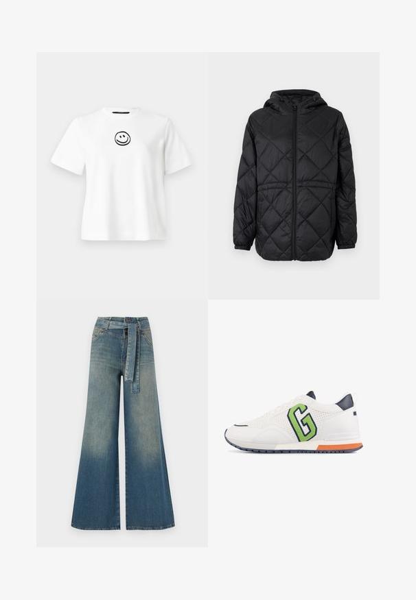 Black quilted puffer jacket with a hood, front zipper, and elastic cuffs. Features a linear diamond pattern on the outer fabric.; White cotton t-shirt featuring short sleeves, a round neckline, and a black embroidered smiley face at the center. Smooth texture.; Wide-leg denim trousers featuring a light to dark blue gradient, high waist, belt loops, and a matching fabric belt. Textured denim finish.; White sneaker with navy accents and a prominent green "G" logo. Features perforated texture, flat laces, and a multi-colored sole.