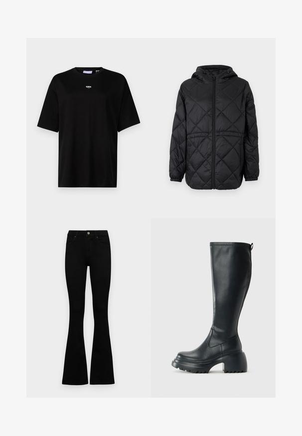 Svart quiltet pufferjakke med hette, frontlås og elastiske mansjetter. Har et lineært diamantsmønster på ytterstoffet.; JJXX JXALVA LOOSE PRINT TEE - T-shirts - black; Sorte høytlivsjeans med knapp og glidelås, frontlommer og utsvingte bein liggende flatt på en hvit bakgrunn.; Høy svart lærstøvel med chunky plattformsåle og blokkhelt, med trekkstang og teksturert mønster på yttersålen.