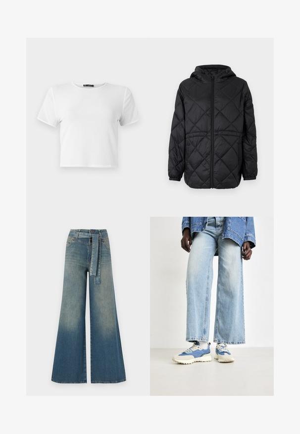Svart quiltet pufferjakke med hette, frontlås og elastiske mansjetter. Har et lineært diamantsmønster på ytterstoffet.; Hvit cropped t-skjorte med korte ermer, rund halsutskjæring og en glatt tekstur. Forsterket søm langs kantene. Enkelt design, ingen mønstre.; Bredde ben jeans med en lyseblå til mørkeblå gradient, høyt liv, beltehemper og et matchende belte i samme stoff. Teksturert denimoverflate.; Blå denim brede benjeans kombinert med blå og kremfargede sneakers med teksturert stoff og snørebånd, satt mot en nøytral bakgrunn.