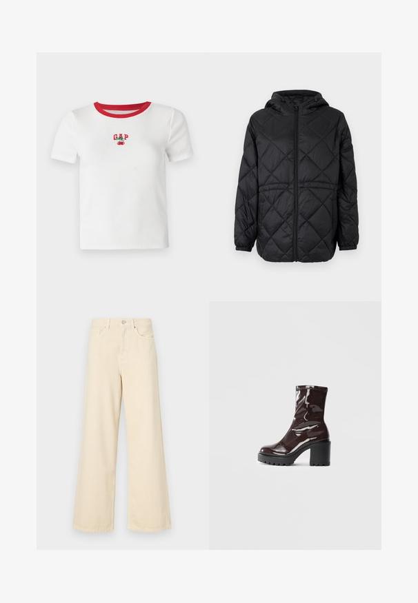 Mustmustriga puffer jakk musta värviga, kapuutsiga, ees lukuga ja elastsete mansettidega. Välimise kanga peal on sirgete ruutude muster.; Valge lühikeste varrukatega T-särk punase sooniku kraega, mille esiplaanil on broderi "GAP" tekst ja kirsikujundus. Valmistatud soonikust kangast.; Bežid laiad teksad, mis on valmistatud puuvillast. Omab nööbilukku, vöökohakujusid ja eesmine taskuid, millel on sile ja pehme tekstuur.; Klakav läikiv burgundi värvi pahkluu saabas, millel on paks must konts, sile tekstuur ja lihtne disain. Nähtavad kinnitused või mustrid puuduvad.
