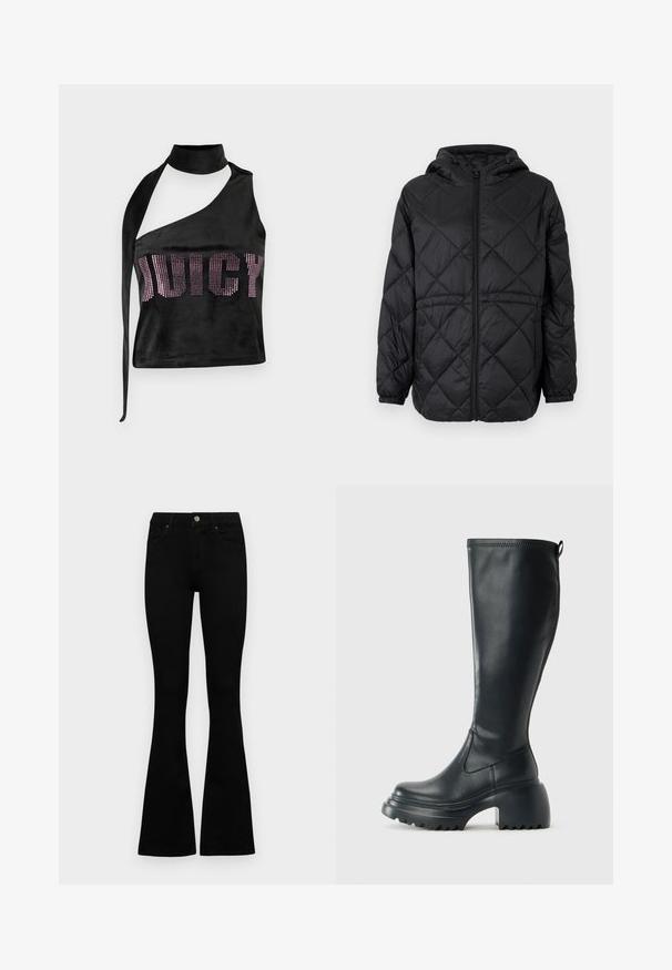 Juodas siuvinėtas pūkinis švarkas su gobtuvu, priekiniais užtrauktukais ir elastinėmis rankovėmis. Išorinis audinys turi linijinį deimantų raštą.; Juodasis halter tipo trumpas palaidinė iš veliūrinio audinio, turinti asimetrinį dizainą ir deimantus, rašančius žodį "JUICY" per priekinę dalį.; Juodos aukšto liemens džinsai su mygtuku ir užtrauktuku, priekinėmis kišenėmis ir platėjančiomis kojomis, išdėstyti ant baltos fono.; Ilgas juodos odinės batai su masyvi platforma ir stačiakampiu kulnu, turintys traukimo kilpą ir tekstūruotą pado raštą.