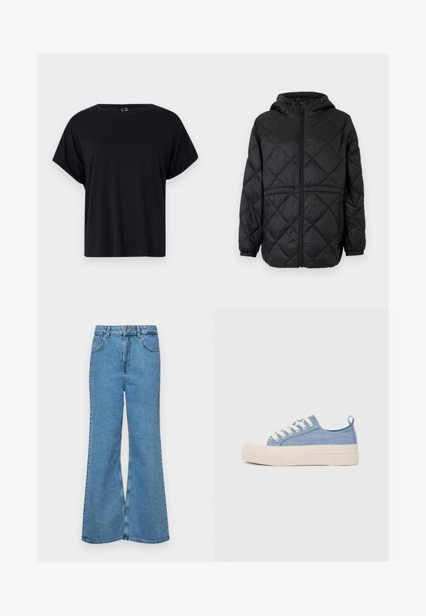 Melna kviltsēta pūkām puffer jaka ar cepuri, priekšējo rāvējslēdzi un elastīgām piedurknēm. Ārējā auduma virsma rotāta ar lineāru dimanta rakstu.; Melnas īsām piedurknēm T-krekls, kas izgatavots no mīkstas kokvilnas. Ir apaļa kakla izgriezuma un brīvs griezums. Gluda tekstūra bez redzamām rakstām vai akcentiem.; Gaiši zili, platā piegriezuma džinsi, kas izgatavoti no denima, ar augstu jostasvietu, piecām kabatām un vienu pogu. Mīksta tekstūra ar nolietotu apdari.; Gaiši zili kanvas sneakeri ar krēmkrāsas gumijas pirksta aizsargu un ārējo zoli, aprīkoti ar baltām šņorēm un cilpu uz papēža.