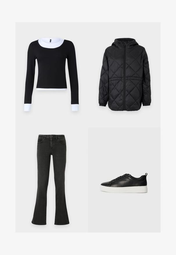 Melna kviltsēta pūkām puffer jaka ar cepuri, priekšējo rāvējslēdzi un elastīgām piedurknēm. Ārējā auduma virsma rotāta ar lineāru dimanta rakstu.; Melnas garās piedurknes tops ar ribotu tekstūru, ar baltu apaļu kakla izgriezumu un aprocēm. Dizains ir pieguļošs un apgriezts jostasvietā.; Melni zvīņveida džinsi, kas izgatavoti no denima. Iespējams augsts josta, priekšējās kabatas un minimālisma dizains. Šuves ir redzamas gar šuvēm.; Melnas zemas ādas tenisa kedas ar melnām auklām un baltu biezas gumijas zoli, skatīšanās no ārējās puses uz balta fona.