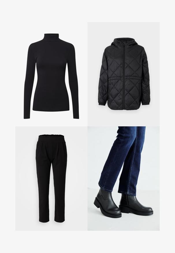 Čierna prešívaná puffer bunda s kapucňou, predným zipsom a elastickými manžetami. Obsahuje lineárny diamantový vzor na vonkajšom materiáli.; Čierna roláková košeľa s dlhými rukávmi vyrobená z mäkkej, elastickej látky, s priliehavým strihom a bezšvovou konštrukciou pre hladký vzhľad.; Čierne nohavice s vysokým pásom a volánovým opaskom, vyrobené z hladkej elastickej látky a so strihom na rovno. Bez viditeľných vzorov.; Čierne kožené členkové čižmy s robustnou podrážkou a bočnými elastickými panelmi, skombinované s tmavomodrými džínami. Pôda je svetlá.