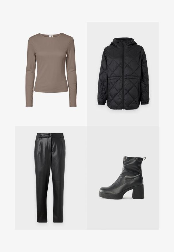 Fekete steppelt pufi dzseki kapucnival, elöl cipzárral és elasztikus mandzsettával. Az külső szövetét vonal menti gyémántmintázat díszíti.; Hosszú ujjú, testhezálló crew neck póló egyszínű taupe színben, sima kivitelben és bordázott textúrával.; Fekete bőr nadrág sima textúrával, egyenes szabással, rugalmas derékkal és elülső gombos záródással; pliszírozott részletezéssel és szűkített lábakkal.; Fekete bokacsizmák sima bőrből, oldalsó cipzárral, vastag, texturált sarkú és lekerekített orrú dizájnnal.