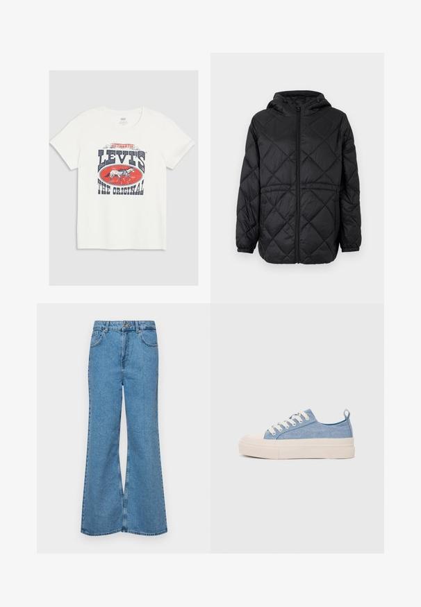 Juodas siuvinėtas pūkinis švarkas su gobtuvu, priekiniais užtrauktukais ir elastinėmis rankovėmis. Išorinis audinys turi linijinį deimantų raštą.; Balta medvilnės marškinėliai su dideliu raudonu ir tamsiai mėlynu grafinio spauda, vaizduojančia arklį ir „LEVI'S THE ORIGINAL“ tekstą paryškintomis raidėmis.; Šviesiai mėlynos flared džinsai, pagaminti iš džinsinio audinio, su aukštu liemeniu, penkiomis kišenėmis ir vienu mygtuko užsegimu. Minkštas paviršius su išblukusiu efektu.; Šviesiai mėlyni drobės sportbačiai su kreminiu guminiu pirštų apsaugos ir pado elementu, balti raišteliai ir kilpa ant kulno.