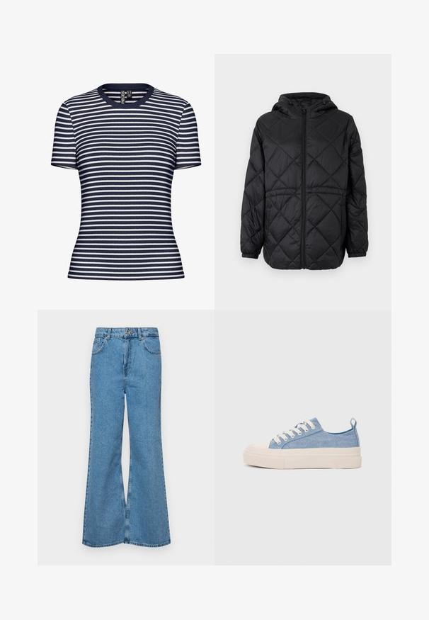 Juodas siuvinėtas pūkinis švarkas su gobtuvu, priekiniais užtrauktukais ir elastinėmis rankovėmis. Išorinis audinys turi linijinį deimantų raštą.; Tamsiai mėlynas ir baltas dryžuotas megztinis su apvalia apykakle ir trumpomis rankovėmis, prigludusio silueto, matoma medžiagos tekstūra dryžiuose.; Šviesiai mėlynos flared džinsai, pagaminti iš džinsinio audinio, su aukštu liemeniu, penkiomis kišenėmis ir vienu mygtuko užsegimu. Minkštas paviršius su išblukusiu efektu.; Šviesiai mėlyni drobės sportbačiai su kreminiu guminiu pirštų apsaugos ir pado elementu, balti raišteliai ir kilpa ant kulno.