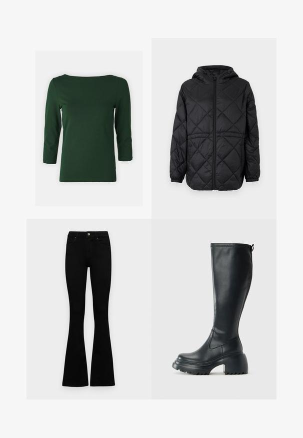 Jachetă puffer neagră, matlasată, cu glugă, fermoar frontal și manșete elastice. Prezintă un model în diamante line pe țesătura exterioară.; Top verde închis, cu mâneci lungi și decolteu bateau. Textură netedă, design ajustat și mâneci de lungime medie. Fără modele sau accente vizibile.; Jeans negri cu talie înaltă, cu închidere prin nasture și fermoar, buzunare frontale și picioare evazate, așezați pe un fundal alb.; Cizme lungi din piele neagră cu talpă platformă masivă și tocul pătrat, având un tab de tragere și un model texturat pe talpa exterioară.