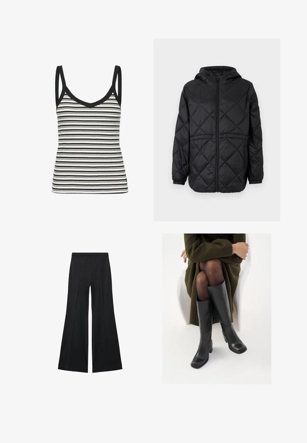 Čierna prešívaná puffer bunda s kapucňou, predným zipsom a elastickými manžetami. Obsahuje lineárny diamantový vzor na vonkajšom materiáli.; Čierno-biely pruhovaný tielko s výstrihom do V a tenkými ramienkami, s rebrovanou textúrou a čiernym lemovaním pozdĺž výstrihu a armhole.; Čierne široké nohavice s hladkou textúrou, s prednými záhybmi a elegantným strihom. Materiál je ľahký a pruhlý.; Čierne kožené čižmy po kolená so štvrtým prstom a blokovým opätkom, zobrazené s modelom sediacim v olivovo zelenej bunde. Hladká textúra, minimálne detaily.