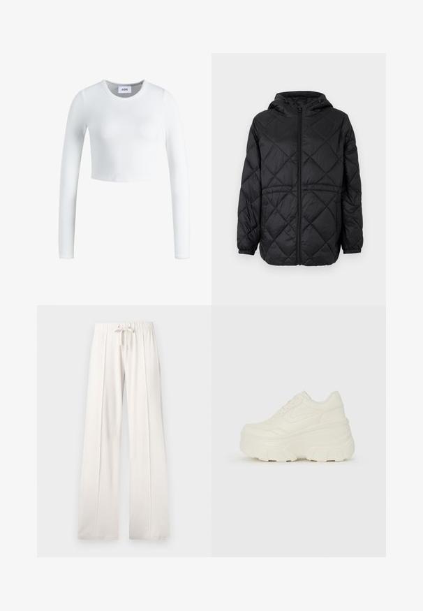 Black quilted puffer jacket with a hood, front zipper, and elastic cuffs. Features a linear diamond pattern on the outer fabric.; White long-sleeve crop top made of ribbed fabric. Features a round neckline and a fitted design. Label visible inside at the neck.; Light beige sweatpants made of soft fabric, featuring a drawstring waist, wide legs, and vertical seams, with a smooth texture.; White platform sneakers featuring a smooth leather-like upper, rounded shape, padded collar, and textured rubber sole with defined treads.