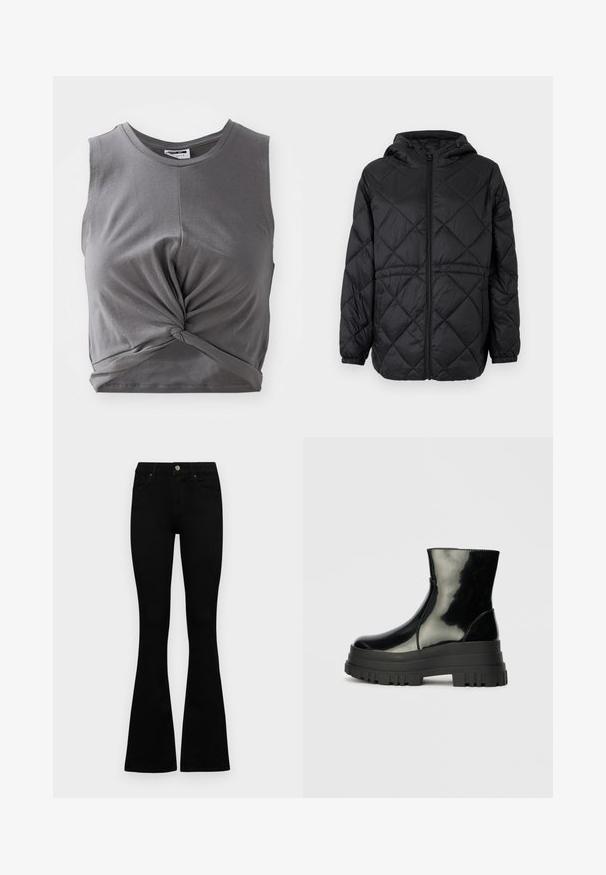 Černá prošívaná puffer bunda s kapucí, předním zipem a elastickými manžetami. Obsahuje lineární diamantový vzor na vnější tkanině.; Šedý bezrukávový crop top vyrobený z měkké bavlny, s otočeným předním detailem a přiléhavým střihem. Hladká textura s kulatým výstřihem.; Černé vysoké džíny s knoflíkem a zipovým zapínáním, předními kapsami a rozšířenými nohavicemi, ležící na bílé podložce.; Černá lesklá kotníková bota s robustní podrážkou a zaoblenou špičkou, boční pohled na jednolitém světle šedém pozadí.