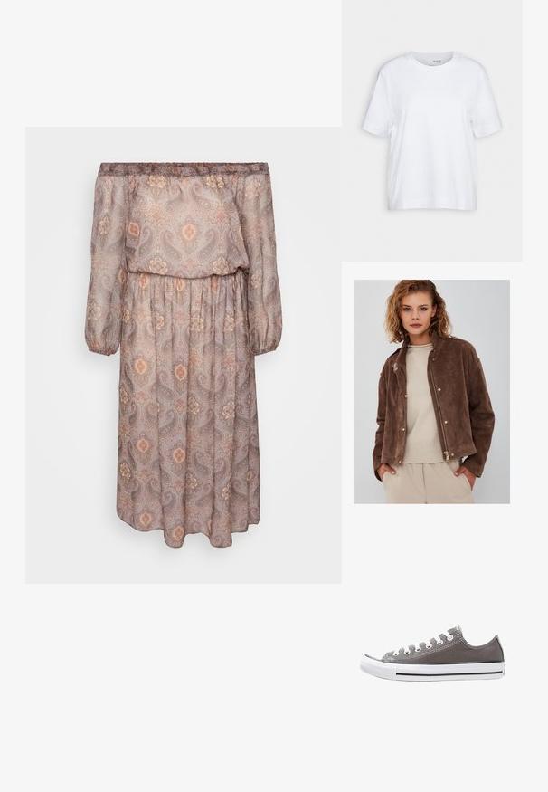 Veste en daim marron avec une fermeture éclair sur le devant, un col montant et des détails à boutons pression. Associée à un pull beige clair en dessous.; Robe à manches longues et décolleté bardot en tissu marron clair avec un motif paisley dans des tons chauds. Taille élastique et coupe ample.; T-shirt blanc à manches courtes, col rond, fabriqué en coton doux et lisse, avec un ourlet droit et des détails minimaux. Design simple et polyvalent.; Baskets en toile grise avec semelle en caoutchouc blanche, bande noire et œillets en métal. Présente une forme arrondie, un design basse et un tissu texturé.