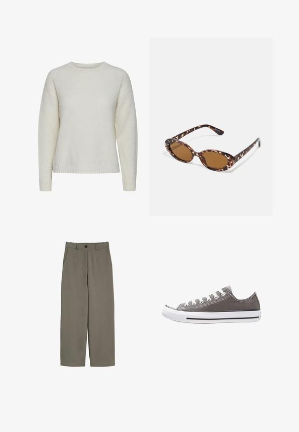 Braune Wildlederjacke mit Reißverschluss, Stehkragen und Druckknopfdetails. Kombiniert mit einem hellbeigen Pullover darunter.; Cremfarbener Pullover aus weichem, strukturiertem Stoff. Mit Rundhalsausschnitt, überschnittenen Schultern und geripptem Saum.; Weißes T-Shirt mit kurzen Ärmeln, Rundhalsausschnitt, aus weichem, glattem Baumwollstoff, mit geradem Saum und minimaler Ausstattung. Schlichtes und vielseitiges Design.; Weite Hosen in olivgrünem Stoff, mit einem Knopfverschluss, Vorderaschen und einer glatten, leicht strukturierten Oberfläche.; Graue Leinensneaker mit weißer Gummisohle, schwarzem Streifen und Metallösen. Verfügt über eine runde Zehenpartie, ein tief geschnittenes Design und strukturstoff.; Sonnenbrille aus Schildpatt mit ovalen Gläsern, braun getönt, dünnen Bügeln mit strukturiertem Muster, leichtem Kunststoffrahmen.