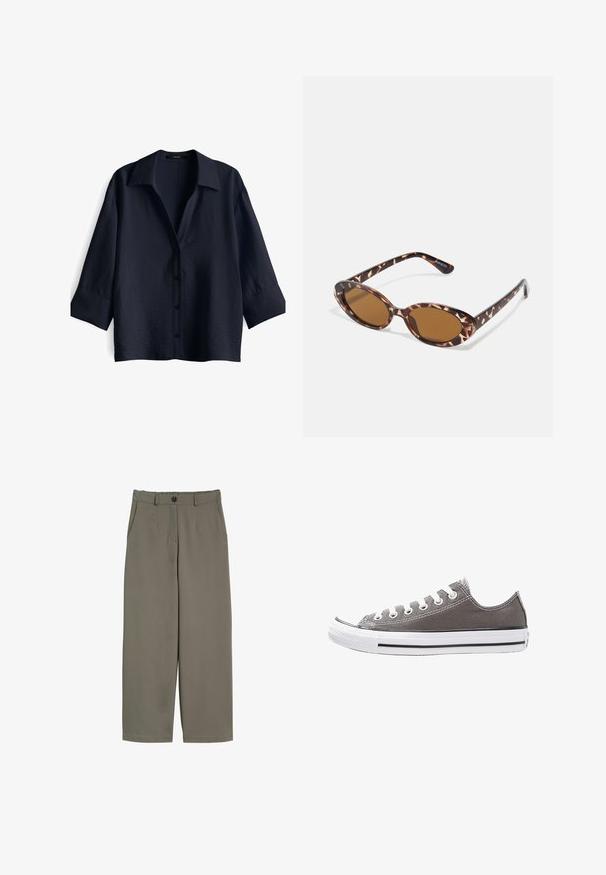 Brown suede jacket with a zip front, a stand collar, and snap-button details. Pairing with a light beige sweater underneath.; Navy blue button-up shirt with a textured surface, short sleeves, and a classic collar. Features six matching buttons along the front.; White short-sleeve t-shirt, crew neck, made of soft, smooth cotton fabric, with a straight hem and minimal detailing. Plain and versatile design.; Wide-leg trousers in olive green fabric, featuring a button closure, front pockets, and a smooth, slightly textured surface.; Gray canvas sneaker with white rubber sole, black stripe, and metal eyelets. Features round toe, low-top design, and textured fabric.; Tortoiseshell sunglasses with oval lenses, brown-tinted, thin arms featuring a textured pattern, lightweight plastic frame.