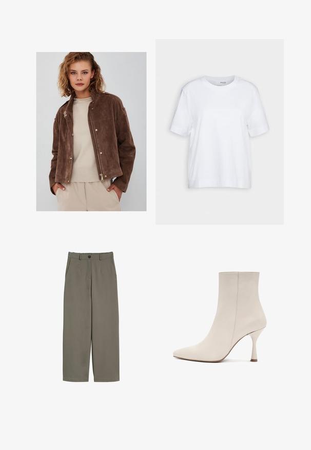 Veste en daim marron avec une fermeture éclair sur le devant, un col montant et des détails à boutons pression. Associée à un pull beige clair en dessous.; T-shirt blanc à manches courtes, col rond, fabriqué en coton doux et lisse, avec un ourlet droit et des détails minimaux. Design simple et polyvalent.; Pantalons à jambe large en tissu vert olive, avec une fermeture à bouton, des poches avant et une surface lisse légèrement texturée.; Derimod Bottines - creme