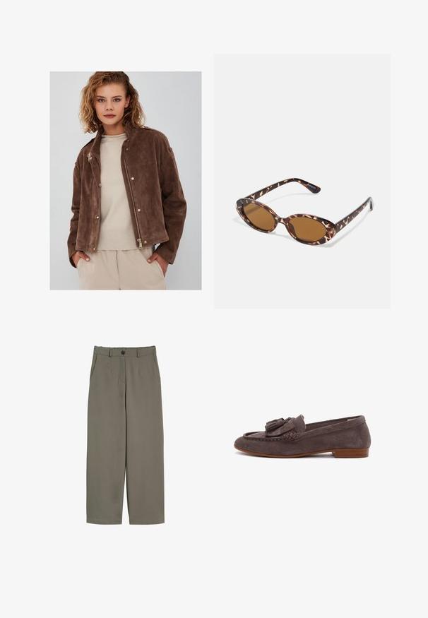 Brązowa kurtka z zamszu z zapięciem na zamek, stojącym kołnierzem i detalami na zatrzaski. Połączona z jasnobeżowym swetrem pod spodem.; Biała koszulka z krótkim rękawem, okrągły dekolt, wykonana z miękkiej, gładkiej bawełny, z prostym dołem i minimalnymi detalami. Gładki i uniwersalny design.; Spodnie o szerokich nogawkach w oliwkowym kolorze, wyposażone w zapięcie na guzik, kieszenie z przodu oraz gładką, lekko teksturowaną powierzchnię.; Derimod - Półbuty wsuwane; Okulary przeciwsłoneczne w kolorze tortoise z owalnymi soczewkami, brązowymi w odcieniu, cienkimi ramionami z teksturowanym wzorem, lekką plastikową oprawką.
