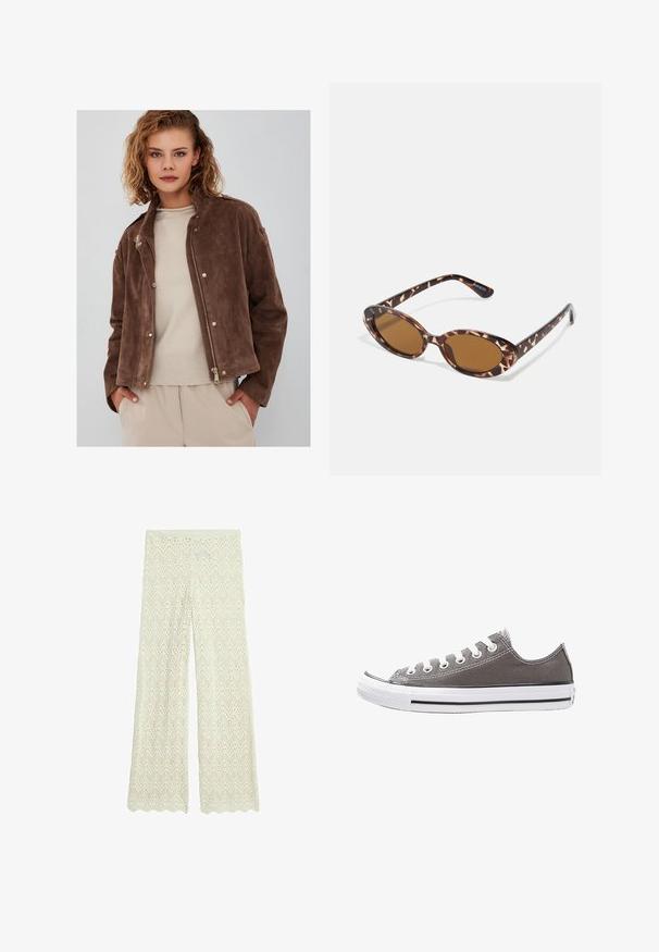 Bruine suède jas met een rits aan de voorkant, een opstaande kraag en drukknopen. Gecombineerd met een lichtbeige sweater eronder.; Witte T-shirt met korte mouwen, ronde hals, gemaakt van zacht, glad katoen, met een rechte zoom en minimale details. Eenvoudig en veelzijdig ontwerp.; Witte wijde gebreide broek met een zigzagpatroon, uitsnijdingen en een golvende zoom. Zachte, ademende stof die geschikt is voor casual wear.; Grijze canvas sneaker met witte rubberen zool, zwarte streep en metalen oogjes. Kenmerkt zich door een ronde neus, low-top ontwerp en textiele stof.; Schildpadvormige zonnebril met ovale lenzen, bruin getint, dunne armen met een gestructureerd patroon, lichtgewicht kunststof frame.