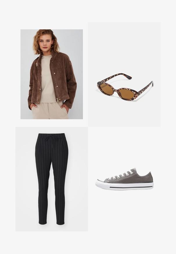 Giacca in suede marrone con zip frontale, colletto rialzato e dettagli con bottoni a pressione. Abbinato a un maglione leggero beige sotto.; T-shirt bianco a maniche corte, collo girocollo, realizzato in morbido e liscio tessuto di cotone, con orlo dritto e dettagli minimi. Design semplice e versatile.; Pantaloni neri con righe verticali bianche, realizzati in un materiale morbido, dotati di una vita con coulisse e design a gamba affusolata.; Sneaker in tela grigia con suola in gomma bianca, striscia nera e occhielli in metallo. Presenta punta rotonda, design a bassa altezza e tessuto testurizzato.; Occhiali da sole in tartaruga con lenti ovali, tono marrone, bracci sottili con un motivo testurizzato, montatura in plastica leggera.