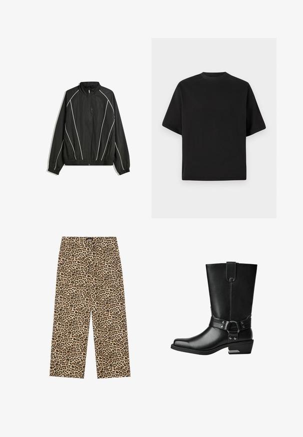 Czarna kurtka przeciwwiatrowa z wysokim kołnierzem, elastycznymi mankietami i białymi ukośnymi paskami. Posiada zapinaną na zamek przednią kieszeń i dopasowany dół.; Czarna, krótka koszulka w luźnym kroju, wykonana z gładkiej bawełny, z okrągłym dekoltem i minimalistycznym designem.; YOURTURN UNISEX beżowy; Czarne skórzane kowbojskie buty do połowy łydki z paskiem i srebrnymi nitami, niski, osadzony obcas i zaokrąglony czubek.