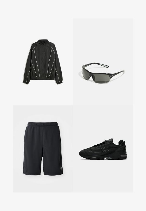 Černá větrovka s vysokým límcem, elastickými manžetami a bílými diagonálními pruhy. Obsahuje zapínací přední kapsu a pevný lem.; Černé tričko s krátkým rukávem v volném střihu, vyrobené z hladké bavlny, s kulatým výstřihem a minimalistickým designem.; Černé sportovní šortky vyrobené z prodyšného síťového materiálu, s elastickým pasem a decentním logem na dolním pravém boku.; Černé sportovní tenisky s texturovaným svrškem, vyznačující se výrazným logem, silnou podrážkou a jemnými šedými akcenty podél designu.; Černé sportovní sluneční brýle se šedými skly, aerodynamický design, plastový rám, texturované prvky po stranách a logo Nike na přední straně.