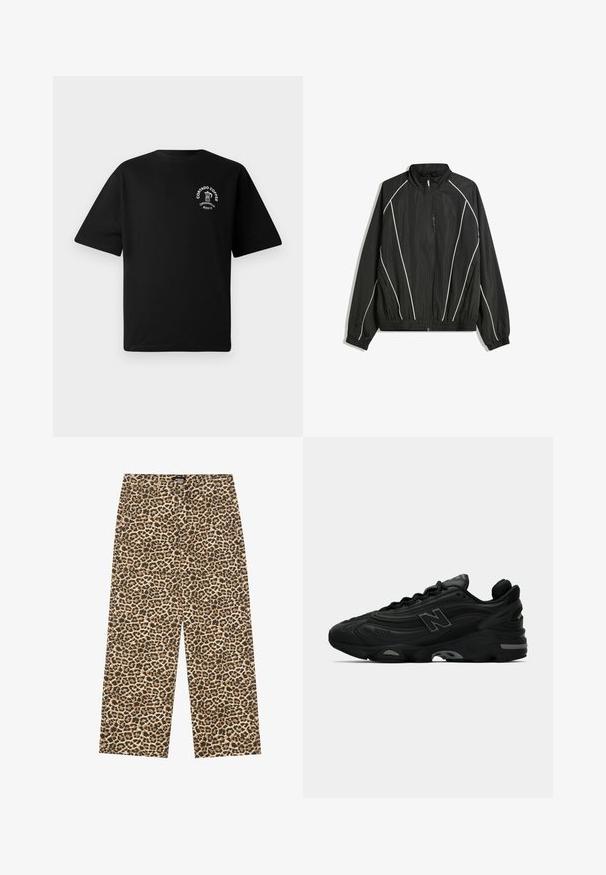 Mustat tuulenpitävät takki, jossa on korkea kaulus, joustavat hihansuut ja valkoiset diagonaaliset raidat. Varustettu vetoketjullisella etutaskulla ja kapealla helmaa.; Musta lyhythihainen T-paita, jossa on pieni valkoinen logo rinnassa, jossa näkyy kahvipannu ja teksti "Cortado Coffee Original 2013."; YOURTURN UNISEX - Relaxed fit -farkut - beige/black; Mustat urheilukengät, joissa on teksturoitu päällinen, mukana näyttävä logo, paksu pohja ja hienovaraiset harmaat yksityiskohdat designissa.