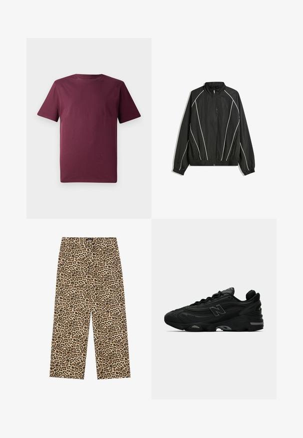 Zwarte windjack met een hoge kraag, elastische mouwen en witte diagonale strepen. Heeft een ritszak aan de voorkant en een aansluitende zoom.; Bordeauxkleurig T-shirt met korte mouwen, gemaakt van gladde katoenstof, heeft een klassieke ronde hals en een ontspannen pasvorm zonder zichtbare patronen of accenten.; YOURTURN UNISEX - Relaxed fit jeans - beige/black; Zwarte sportieve sneakers met een gestructureerde bovenkant, voorzien van een opvallend logo, dikke zool en subtiele grijze accenten in het ontwerp.