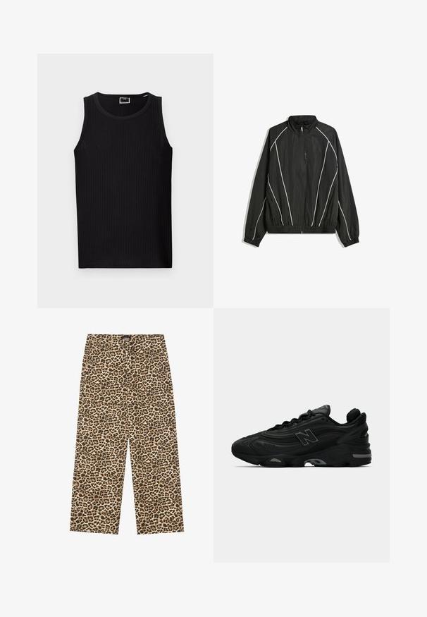 Zwarte windjack met een hoge kraag, elastische mouwen en witte diagonale strepen. Heeft een ritszak aan de voorkant en een aansluitende zoom.; Zwarte geribde tanktop met een ronde halslijn, mouwloos ontwerp en een zachte, gestructureerde stof. Heeft een rechte zoom en minimale branding.; YOURTURN UNISEX - Relaxed fit jeans - beige/black; Zwarte sportieve sneakers met een gestructureerde bovenkant, voorzien van een opvallend logo, dikke zool en subtiele grijze accenten in het ontwerp.