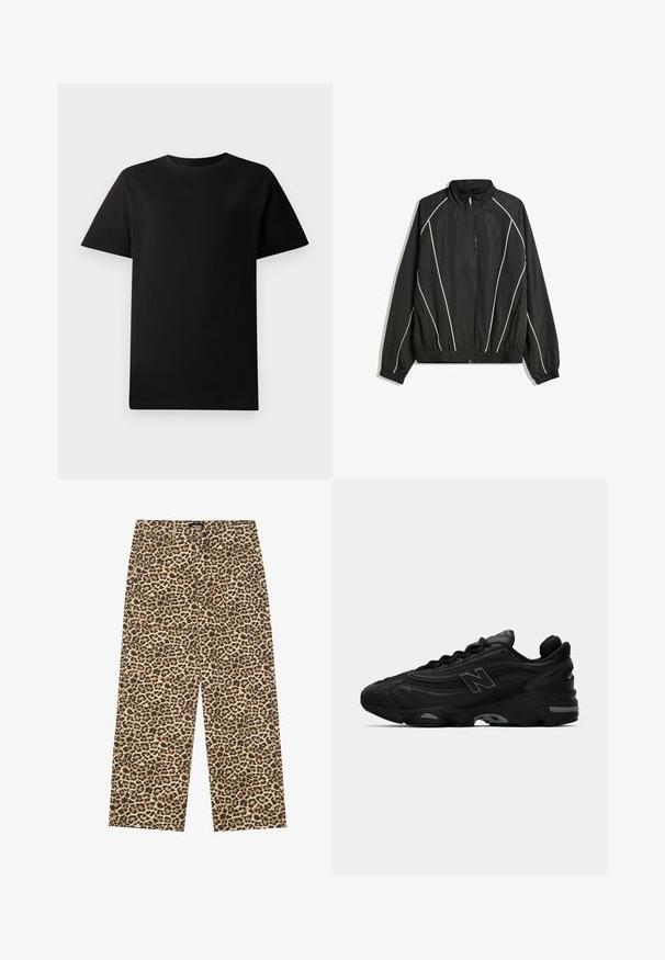 Jachetă neagră din material rezistent la vânt, cu guler înalt, manșete elastice și dungi albe în diagonală. Dispune de un buzunar frontal cu fermoar și un tiv ajustat.; Tricou din bumbac negru, cu mânecă scurtă și guler rotund, așezat pe un fundal alb.; YOURTURN UNISEX - Blugi loose fit - beige/black; Tenisi sport negri cu un exterior texturat, având un logo proeminent, o talpă groasă și accente subtile de gri pe întreaga design.