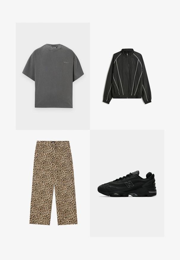 Černá větrovka s vysokým límcem, elastickými manžetami a bílými diagonálními pruhy. Obsahuje zapínací přední kapsu a pevný lem.; Šedé oversized tričko s krátkým rukávem vyrobené z měkké směsi bavlny s kulatým výstřihem a jemným logem na hrudi. Hladká textilie.; YOURTURN UNISEX - Džíny Relaxed Fit - beige/black; Černé sportovní tenisky s texturovaným svrškem, vyznačující se výrazným logem, silnou podrážkou a jemnými šedými akcenty podél designu.