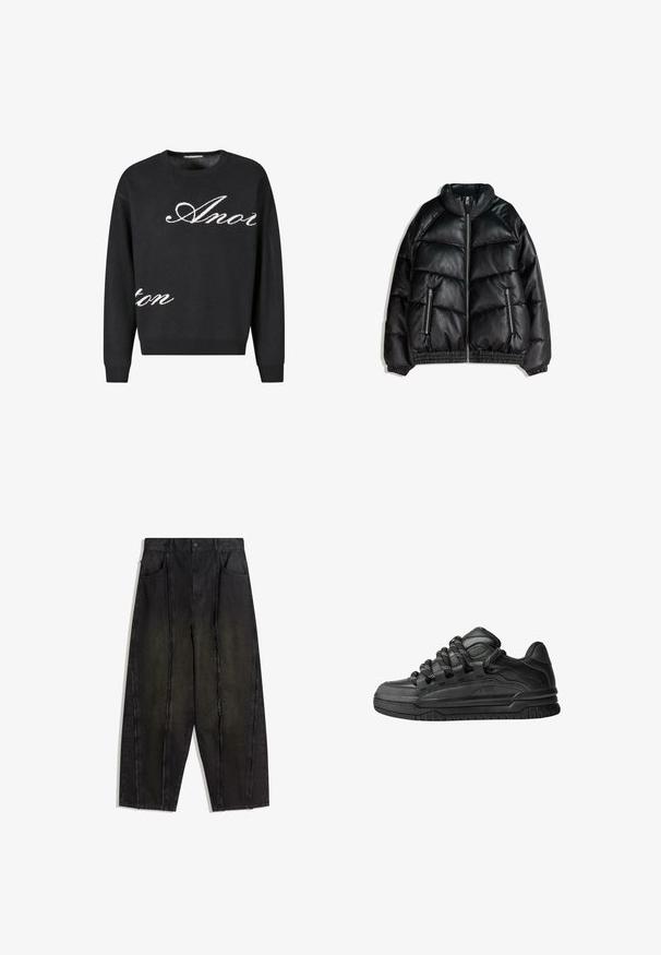 Svart pufferjacka i texturerad konstläder. Har en hög krage, dragkedja fram och två sidofickor med dragkedja. Elastiska ärmslut och nederkant.; Svart stickad tröja med rund hals, prydd med vitt skrivstilsformad text "Anon" över framsidan. Ribbad mudd och fåll.; Svarta vida jeans med synliga sömmar och fransiga kanter, med två framtida fickor och högmidjad design.; Svarta sneakers med ovandel i slät läder, texturerade detaljer och runda svarta och vita snören. Tjock gummisula med ett mönstrat mönster.