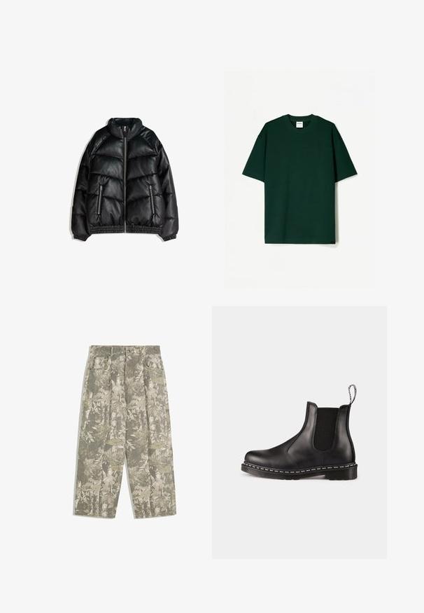Veste doudoune noire en similicuir texturé. Dotée d'un col haut, d'une fermeture éclair à l'avant et de deux poches latérales zippées. Manches et ourlet élastiqués.; T-shirt à manches courtes vert foncé en tissu de coton doux, avec un col rond et une coupe droite et décontractée.; Pantalons cargo avec des jambes larges dans un motif camouflage vert et beige de feuilles et d'écorce, dotés de poches avant et de passants de ceinture.; Bottines Chelsea en cuir noir avec panneaux élastiques sur les côtés, bout arrondi, languette de tirage, couture blanche sur la semelle et semelle en caoutchouc texturé.