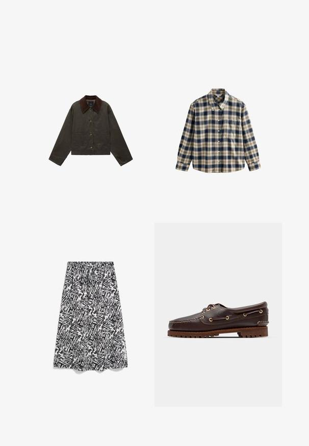 Olivgrüne Jacke mit braunem Cordkragen, zwei vorderen Taschen und Knopfverschluss. Aus strapazierfähigem Material gefertigt, mit einem cropped Design.; Kariertes Flanellhemd in Marineblau, Creme und Beige. Mit Kragen, Knopfleiste, langen Ärmeln und einer Brusttasche. Weicher Stoff.; Schwarzer und weißer Midirock mit einem wirbelnden abstrakten Muster, gerafftem elastischem Taillenbund und weichem, leichtem Stoff.; Braune Lederbootsschuhe mit goldenen Ösen, runden Schnürsenkeln und einer strukturierten braunen Gummisohle. Verfügt über genähte Details und ein erhabenes Logo.