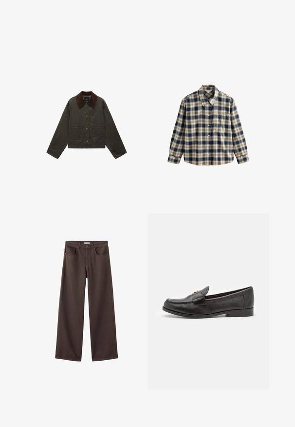 Oliwkowa kurtka z brązowym kołnierzem sztruksowym, posiadająca dwie przednie kieszenie i zapięcie na guziki. Wykonana z trwałego materiału, charakteryzująca się krótkim krojem.; Koszula flanelowa w kratę w kolorach granatowym, kremowym i beżowym. Posiada kołnierz, zapięcie na guziki, długie rękawy oraz jedną kieszeń na piersi. Miękka tekstura.; Szerokie dżinsy w ciemnym brązie, z przednimi kieszeniami, standardowym pasem i klasycznym pięciokieszeniowym wzorem. Miękka, mocna tekstura.; Czarne skórzane mokasyny z teksturowaną powierzchnią, okrągłym noskiem i dekoracyjnym przeszyciem. Posiadają płaski obcas i są wsuwane.