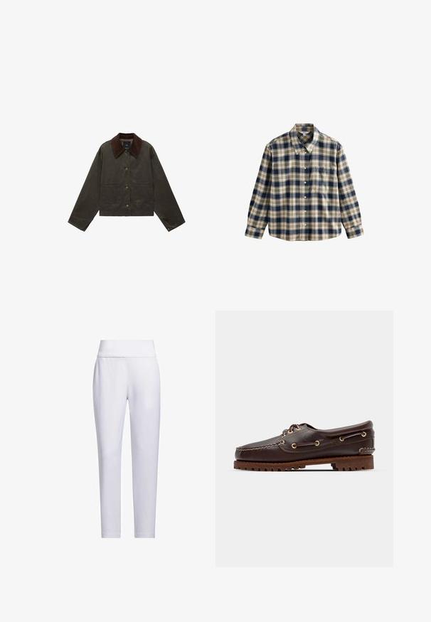 Olivově zelená bunda s hnědým kordovým límcem, dvěma předními kapsami a knoflíkovým zapínáním. Vyrobena z odolného materiálu, s kratším střihem.; Kostkovaná flanelová košile v námořnické modré, krémové a béžové. Má límec, zapínání na knoflíky, dlouhé rukávy a jednu náprsní kapsu. Měkká textura.; Bílé, tvarované kalhoty s širokým pasem, hladkým povrchem a bez viditelných kapes nebo vzorů, s tapered nohavicemi.; Hnědé kožené lodní boty se zlatými očky, kulatými tkaničkami a texturovanou hnědou gumovou podrážkou. Obsahují zašitý detail a vyvýšené logo.