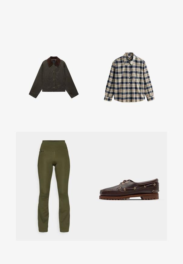 Jachetă de culoare verde măslin cu guler din catifea maro, două buzunare frontale și închidere cu nasture. Fabricată dintr-un material durabil, având un design scurt.; Cămașă flanelată în carouri, de culoare bleumarin, crem și bej. Are guler, închidere cu butoane, mâneci lungi și un singur buzunar pe piept. Textură moale.; Leggings verzi măslinii cu talie înaltă, confecționate dintr-un material elastic. Dispune de un buzunar lateral și rașchete plate pentru confort și flexibilitate.; Șlapi de punt pe culoare maro din piele, cu ochiuri aurii, șireturi rotunde și o talpă texturată din cauciuc maro. Prezintă detalii cusute și un logo ridicat.