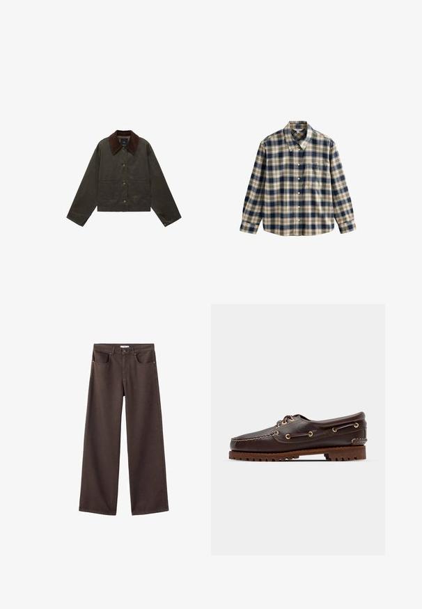 Olivgrüne Jacke mit braunem Cordkragen, zwei vorderen Taschen und Knopfverschluss. Aus strapazierfähigem Material gefertigt, mit einem cropped Design.; Kariertes Flanellhemd in Marineblau, Creme und Beige. Mit Kragen, Knopfleiste, langen Ärmeln und einer Brusttasche. Weicher Stoff.; Weite Jeans in Dunkelbraun mit Vordertaschen, einem Standardbund und einem klassischen Fünf-Taschen-Design. Weicher, robuster Stoff.; Braune Lederbootsschuhe mit goldenen Ösen, runden Schnürsenkeln und einer strukturierten braunen Gummisohle. Verfügt über genähte Details und ein erhabenes Logo.