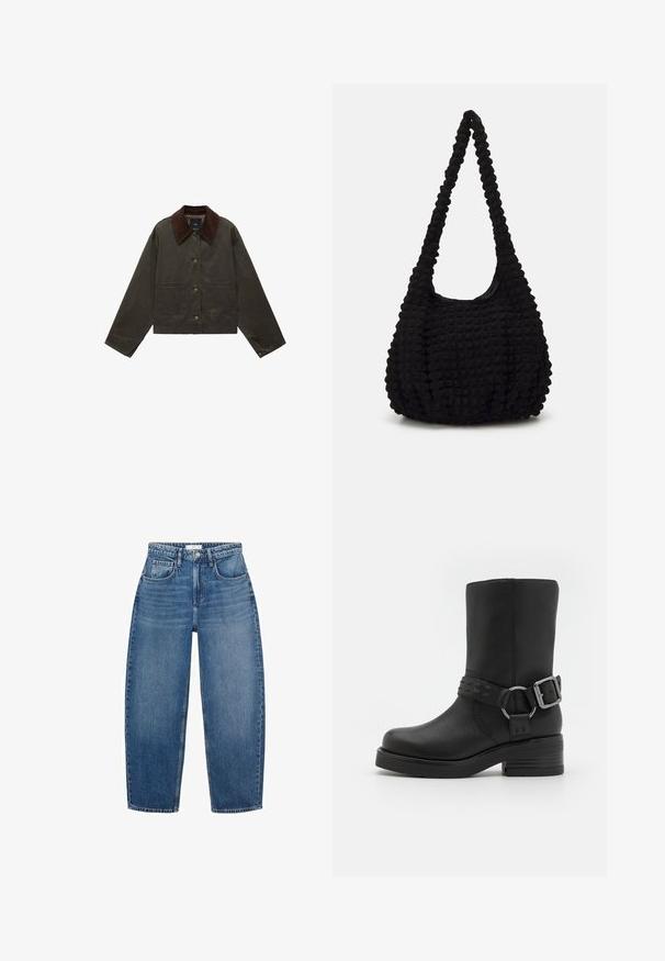 Olivově zelená bunda s hnědým kordovým límcem, dvěma předními kapsami a knoflíkovým zapínáním. Vyrobena z odolného materiálu, s kratším střihem.; Bílá halenka s dlouhými rukávy a klasickým límečkem, zapínání na knoflíky vpředu a naříznutím po stranách. Hladká tkanina s tvarovaným střihem.; Džíny z modré denimu s vysokým pasem a rovnými nohavicemi, vybavené pěti kapsami, poutky na opasek a jemným vyblednutím pro přidanou texturu.; Černý kožený kotníkový bot s kulatou špičkou, silným podpatkem a dekorativním šněrováním kolem kotníku. Texturovaný povrch.; Černá texturovaná látková taška s jedním stočeným popruhem, s nadýchaným tvarem a nařaseným povrchem.