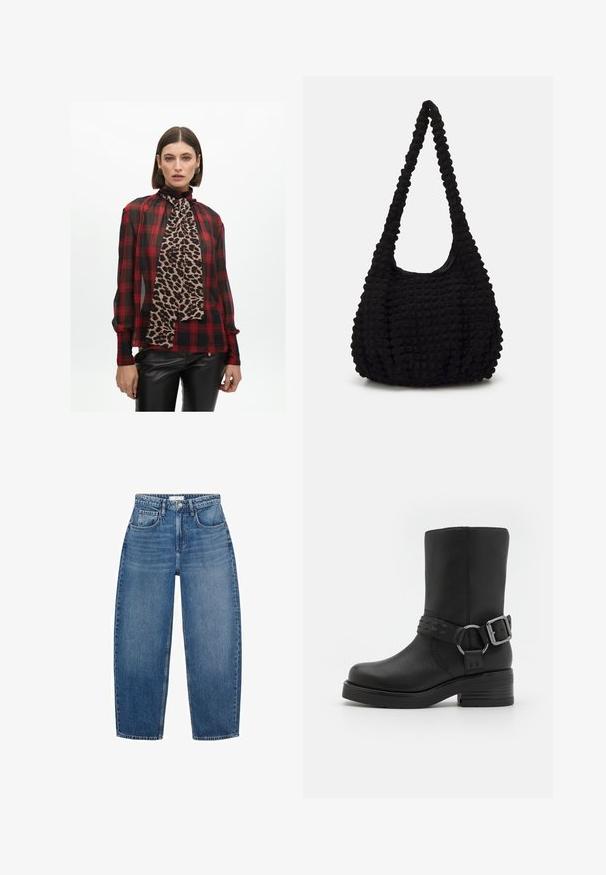 Giacca verde oliva con colletto in velluto a coste marrone, due tasche frontali e chiusura con bottoni. Realizzata in materiale resistente, presenta un design cropped.; Blusa a quadri rossi e neri con colletto alto e dettaglio in sciarpa leopardata; tessuto trasparente; abbinata a pantaloni in pelle nera.; Jeans in denim blu a vita alta con design a gamba dritta, dotati di cinque tasche, passanti per cintura e leggera scoloritura per un tocco di texture.; Stivale alla caviglia in pelle nera con punta arrotondata, tacco spesso e una striscia decorativa con fibbia attorno alla caviglia. Finitura testurizzata.; Borsa in tessuto nero con una singola tracolla intrecciata, caratterizzata da una forma gonfia e un design della superficie arricciato.