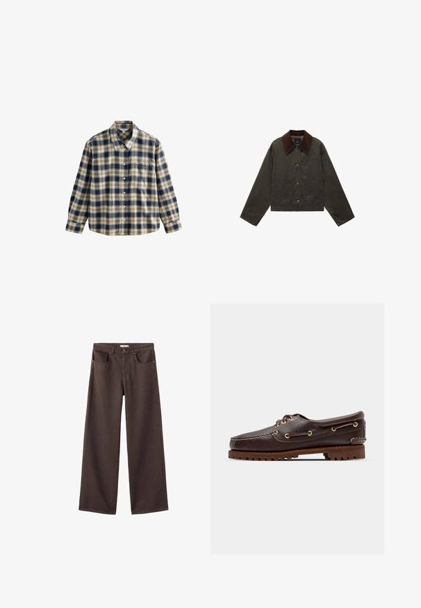 Giacca verde oliva con colletto in velluto a coste marrone, due tasche frontali e chiusura con bottoni. Realizzata in materiale resistente, presenta un design cropped.; Camicia di flanella a quadri nei colori blu navy, crema e beige. Caratterizzata da un colletto, chiusura con bottoni, maniche lunghe e una singola tasca sul petto. Texture morbida.; Pantaloni in denim a gamba larga di colore marrone scuro, con tasche frontali, vita standard e design classico a cinque tasche. Tessuto morbido e resistente.; Scarpa da barca in pelle marrone con occhielli dorati, lacci tondi e una suola in gomma marrone texturizzata. Presenta dettagli cuciti e un logo in rilievo.