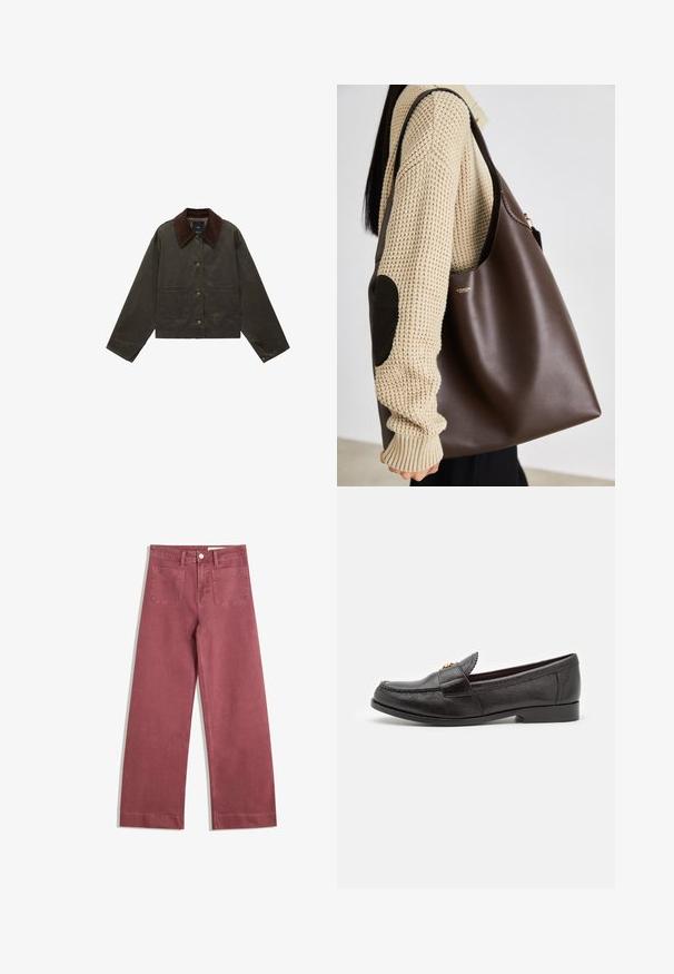 Olijfgroene jas met een bruine ribcord kraag, twee voorzakken en knoopsluiting. Gemaakt van duurzaam materiaal, met een cropped ontwerp.; Witte katoenen t-shirt met korte mouwen en een ronde hals. Bevat een roze label aan de binnenkant van de hals. Soepele textuur.; Brede broek in een gedempte rozenkleur. Gemaakt van stevig materiaal, voorzien van twee achterzakken, knoopsluiting en riemlussen.; Zwarte leren instapper met een gestructureerd oppervlak, ronde neus en decoratieve stiksels. Beschikt over een platte hak en een gemakkelijk aan te trekken ontwerp.; Bruine leren tote bag met een ruime indeling. Kenmerkt zich door een gladde textuur en een subtiele gouden logo. Gekoeld met een crèmekleurige gebreide trui.