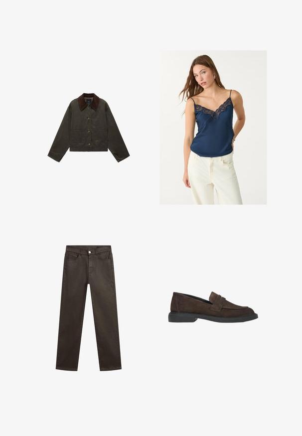 Oliwkowa kurtka z brązowym kołnierzem sztruksowym, posiadająca dwie przednie kieszenie i zapięcie na guziki. Wykonana z trwałego materiału, charakteryzująca się krótkim krojem.; Navy satynowy top na ramiączkach z koronkowym wykończeniem przy dekolcie. Posiada cienkie ramiączka i luźny fason, współgrający z białymi spodniami o wysokim stanie.; Brązowe dżinsy o prostym kroju, pięcioma kieszeniami i zapięciem na guzik z przodu. Gładka tekstura z delikatnym połyskiem.; Brązowe zamszowe loafersy z płaską czarną podeszwą, z przodu z paskiem i czystymi liniami, zaprojektowane do codziennego noszenia.