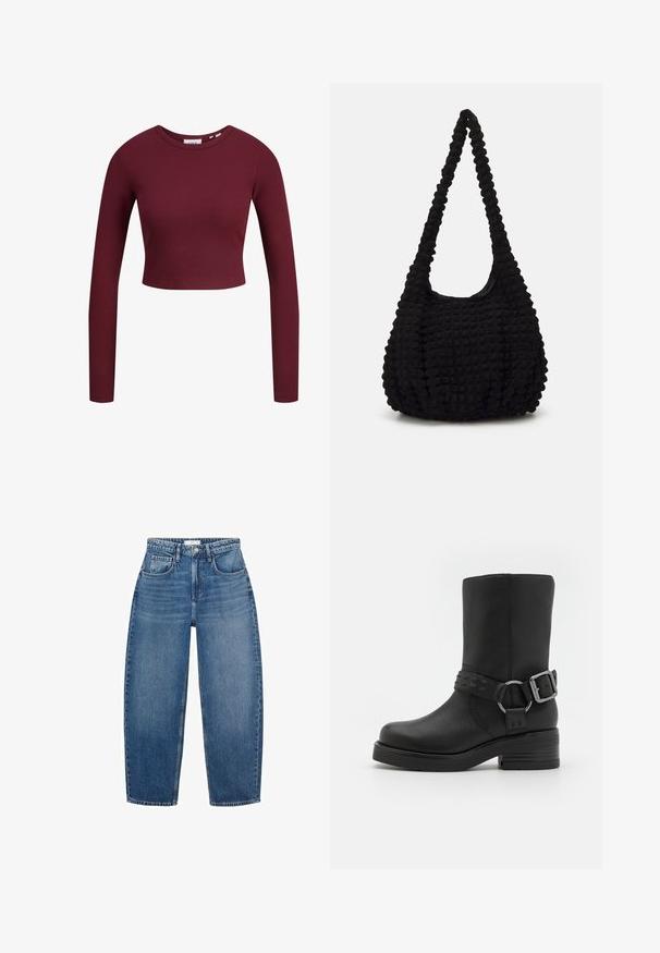 Oliivivihreä takki, jossa on ruskea corduroykraava, kaksi etutaskua ja nappisuljenta. Valmistettu kestävästä materiaalista, jossa on lyhyt malli.; Burgundin värinen crop-top, pitkät hihat, ribatoitu pinta, pyöreä pääntie, pehmeä materiaali, tiukka muotoilu. Etiketit näkyvät kaula-aukossa.; Korkeavyötäröiset siniset farkut suoralla lahkeella, joissa on viisi taskua, vyölenkit ja hienovarainen kuluminen tekstuurin lisäämiseksi.; Musta nahkainen nilkkabotti, jossa on pyöristetty kärki, paksu korko ja koristeellinen soljilla varustettu hihna nilkassa. Pintakuviointi.; Musta teksturoitu kangaskassi, jossa on yksi kierretty hihna, paksuhko muoto ja rypytetty pinnan suunnittelu.