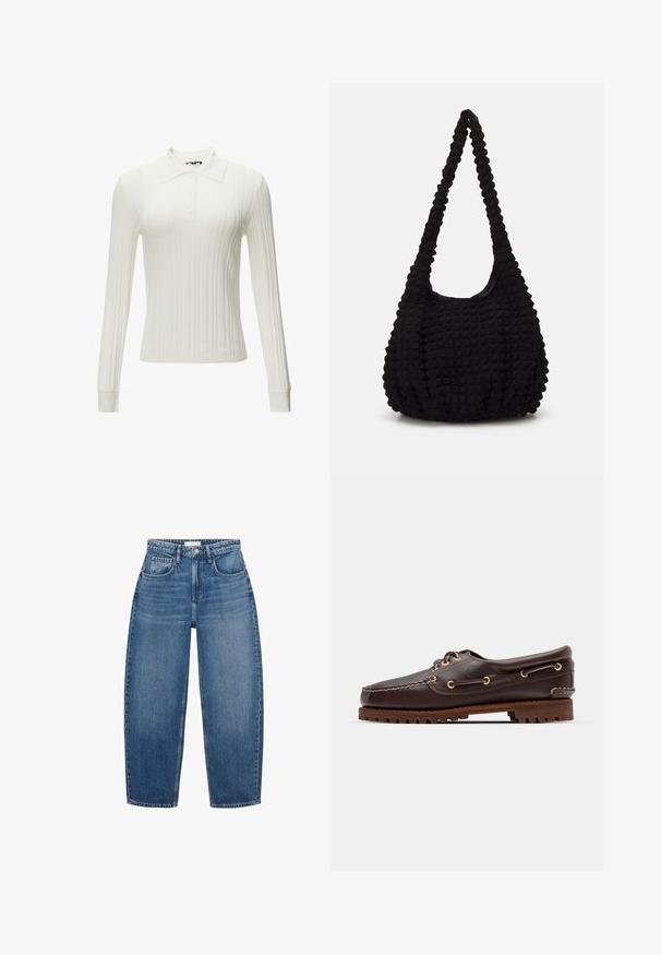 Giacca verde oliva con colletto in velluto a coste marrone, due tasche frontali e chiusura con bottoni. Realizzata in materiale resistente, presenta un design cropped.; Top bianco a maniche lunghe con colletto, caratterizzato da una trama a costine, dotato di una patta con bottoni e maniche aderenti. Tessuto morbido e liscio con dettagli minimi.; Jeans in denim blu a vita alta con design a gamba dritta, dotati di cinque tasche, passanti per cintura e leggera scoloritura per un tocco di texture.; Scarpa da barca in pelle marrone con occhielli dorati, lacci tondi e una suola in gomma marrone texturizzata. Presenta dettagli cuciti e un logo in rilievo.; Borsa in tessuto nero con una singola tracolla intrecciata, caratterizzata da una forma gonfia e un design della superficie arricciato.