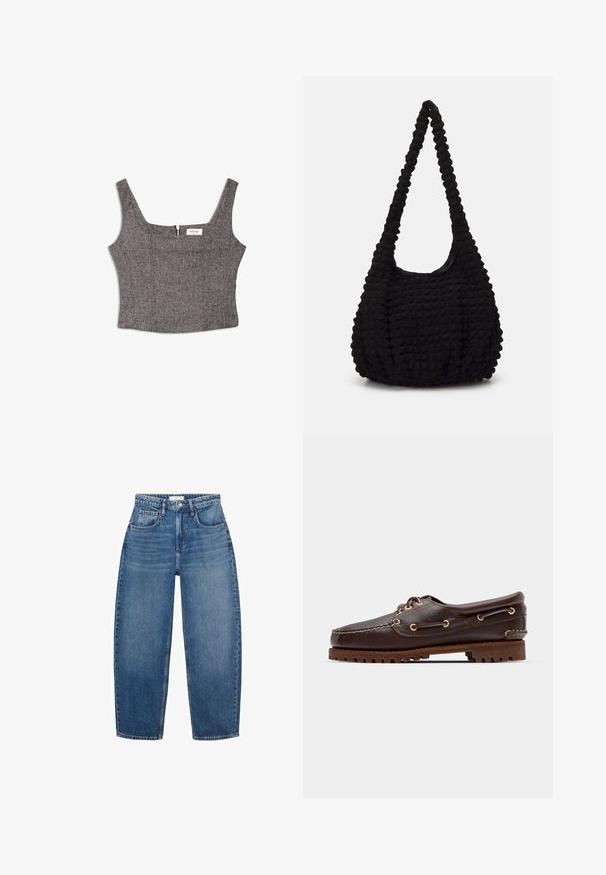 Olivgrüne Jacke mit braunem Cordkragen, zwei vorderen Taschen und Knopfverschluss. Aus strapazierfähigem Material gefertigt, mit einem cropped Design.; Grau gemusterter Crop-Top im Fischgrät-Design mit breiten Trägern, quadratischem Ausschnitt und einem Reißverschluss auf der Rückseite. Hergestellt aus strukturiertem Stoff, der körperbetont geschnitten ist.; Hochgeschnittene blaue Jeans aus Denim mit geradem Schnitt, ausgestattet mit fünf Taschen, Gürtelschlaufen und subtiler Ausbleichung für zusätzliche Textur.; Braune Lederbootsschuhe mit goldenen Ösen, runden Schnürsenkeln und einer strukturierten braunen Gummisohle. Verfügt über genähte Details und ein erhabenes Logo.; Schwarze, strukturierte Stofftasche mit einem einzigen gedrehten Griff, die eine puffige Form und ein gerafftes Oberflächendesign aufweist.