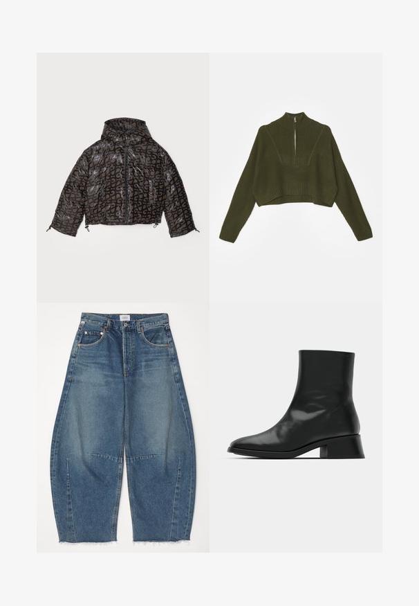 Stine Goya HOODED LONG SLEEVE PUFFER PADDED OUTERWEAR - Veste d'hiver - brown/black; STAUD CROPPED HAMPTON - Pullover - sergeant green; Citizens of Humanity HORSESHOE - Jean boyfriend - first class; Bottine noire en cuir brillant, au design épuré, avec un bout pointu et un petit talon bloc pour plus de stabilité.