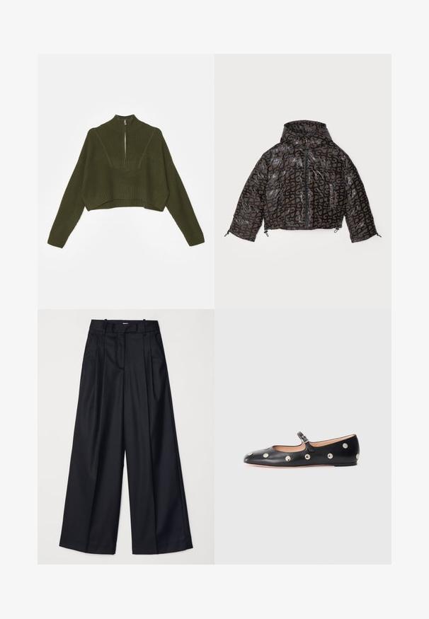 Stine Goya HOODED LONG SLEEVE PUFFER PADDED OUTERWEAR - Téli dzseki - brown/black; STAUD CROPPED HAMPTON - Pulóver - sergeant green; Fekete, széles lábú nadrág sima anyagból, magas derekú, pliszékkel és elegáns kialakítással. Egyszerű fekete kiegészítők a dereknál.; Fekete bőr Mary Jane lapossarkú cipő, lekerekített orral, ezüst színű kör alakú szegecsekkel és állítható pánttal, csattal.