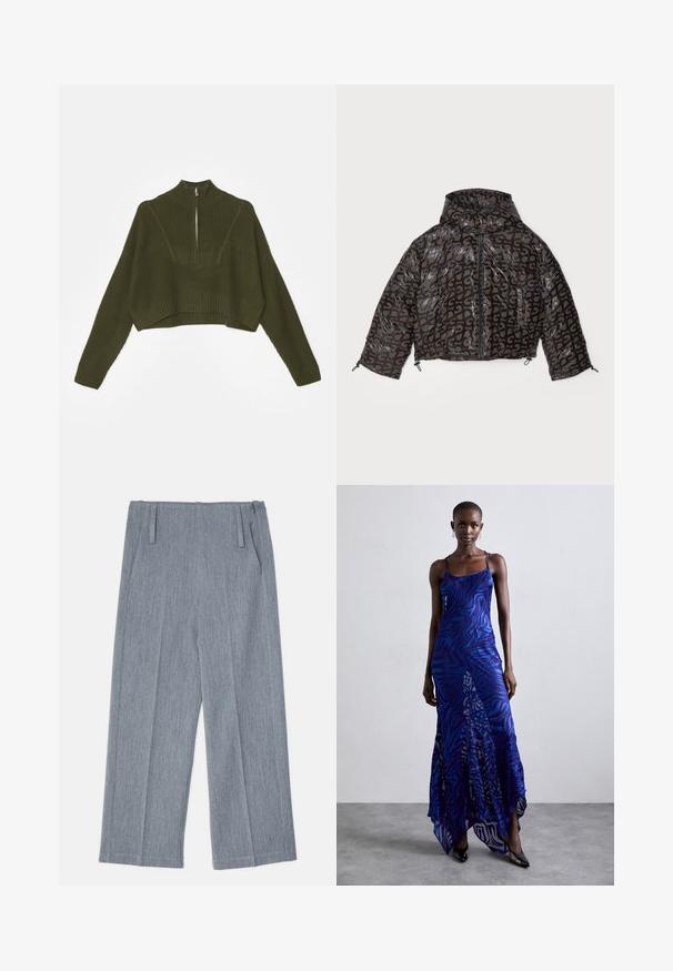 Stine Goya HOODED LONG SLEEVE PUFFER PADDED OUTERWEAR - Žieminė striukė - brown/black; STAUD CROPPED HAMPTON - Džemperis - sergeant green; Šviesiai pilkos, plačios kojų kelnės, pagamintos iš tekstūruoto audinio, su dviem priekinėmis klostėmis ir dviem šoninėmis kišenėmis. Tvarkingas, tikslais pritaikytas dizainas.; Mėlynas ir purpurinis gyvūnų rašto ilgas suknelė su plonomis petnešomis, prigludusia krūtinės dalimi, plačiu apvadu ir permatomais akcentais.