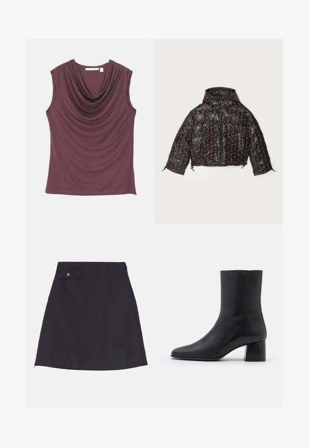 Stine Goya HOODED LONG SLEEVE PUFFER PADDED OUTERWEAR - Talvitakki - brown/black; Tiger of Sweden JELA - Toppi - dark wood; Mustat puuvillahameet, joissa on suora siluetti, napilla varustettu tasku, sivuvetoketju ja sileä kangasrunko.; Mustat nahkasaappaat nilkkakorkeudella, joissa on terävä kärki ja tukeva neliön muotoinen korko. Sileä pinta, saumaton muotoilu ja minimalistinen ommel.