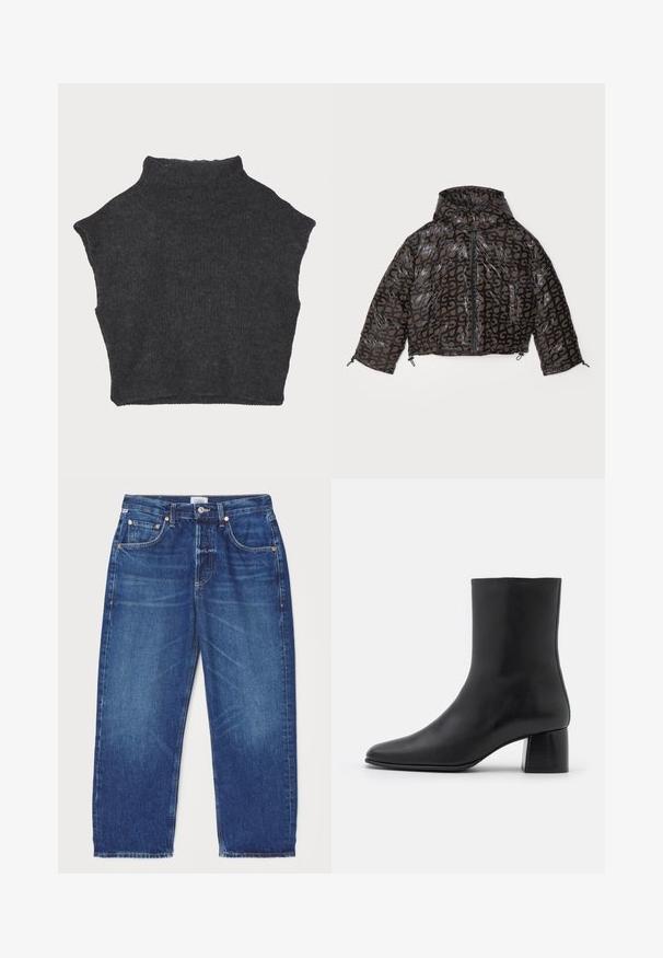 Stine Goya HOODED LONG SLEEVE PUFFER PADDED OUTERWEAR - Zimska jakna - brown/black; Tamno sivi skraćeni džemper s visokim ovratnikom, napravljen od teksturiranog pletenog materijala, s kratkim rukavima i ravnim donjim rubom.; Citizens of Humanity DAHLIA IN CLAREMONT - Traperice opuštenog kroja - dark-blue denim; Crne kožne gležnjače s šiljastim vrhom i širokim kvadratnim potpeticom. Glatka tekstura s bešavnim dizajnom i minimalističkim šavovima.